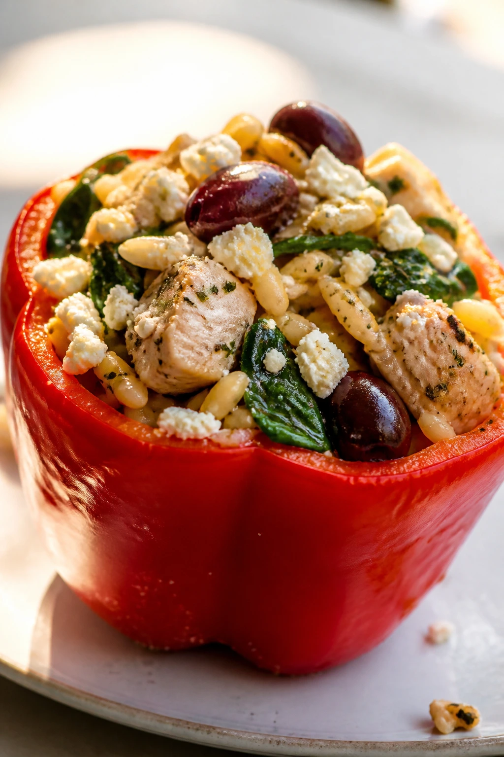 Greek chicken and orzo stuffed pepper half on a light plate