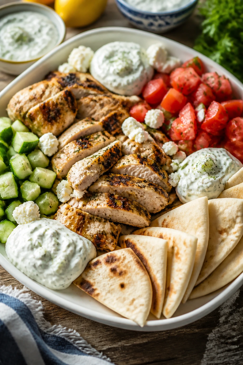 Large Greek chicken pita platter with cucumber and tomato toppings