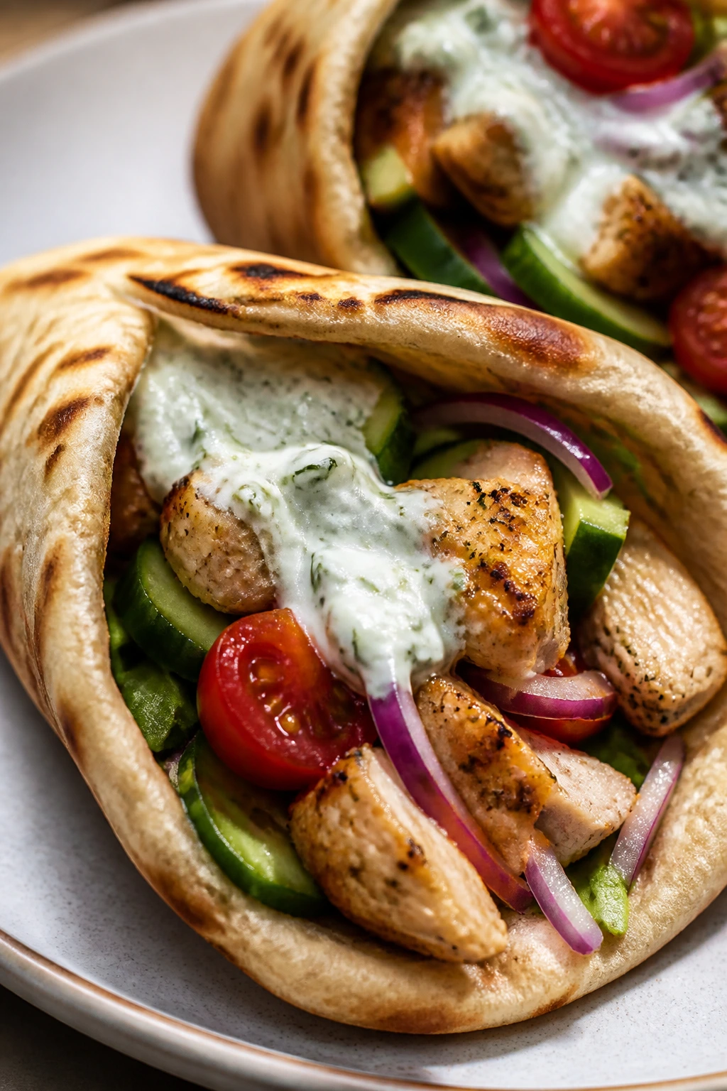 Close-up of a Greek chicken pita pocket stuffed with tzatziki on a plate