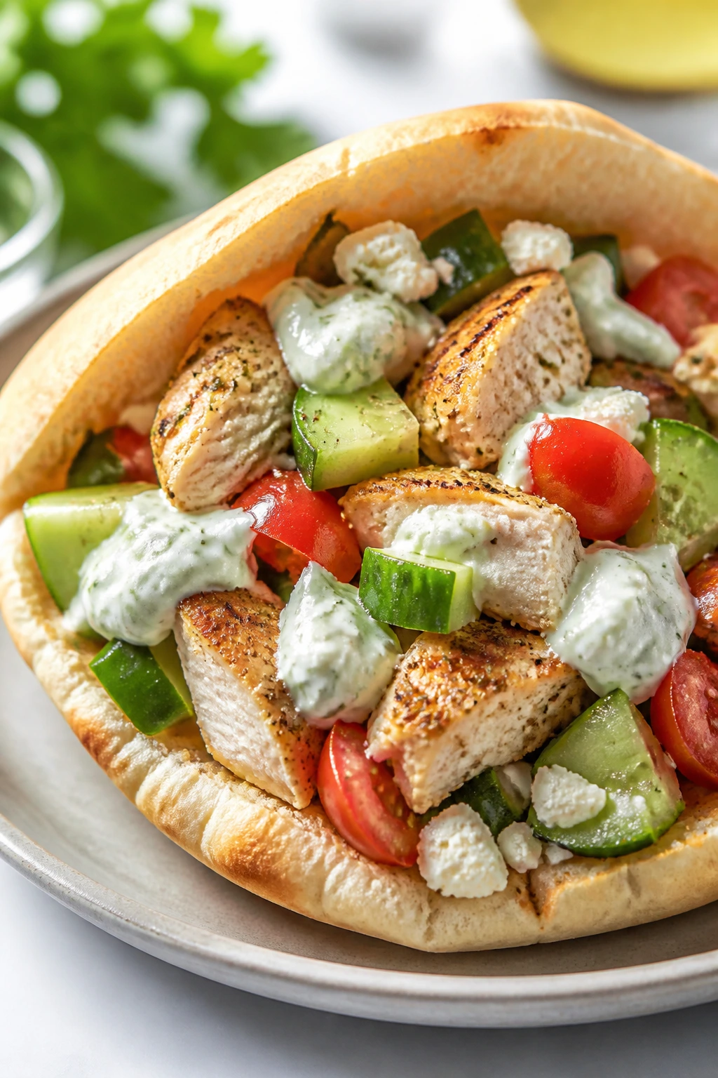Close-up of a Greek chicken pita pocket filled with cucumber tomato salad and tzatziki