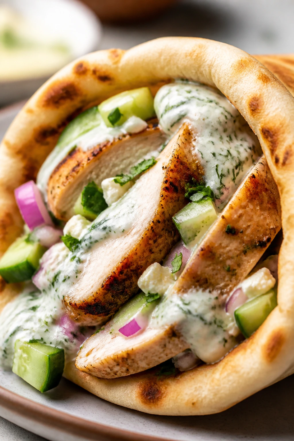 Close-up of a Greek chicken pita with cucumber yogurt sauce