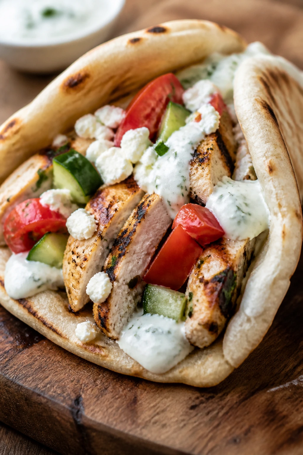 Close-up of Greek chicken pita stuffed with vegetables and feta