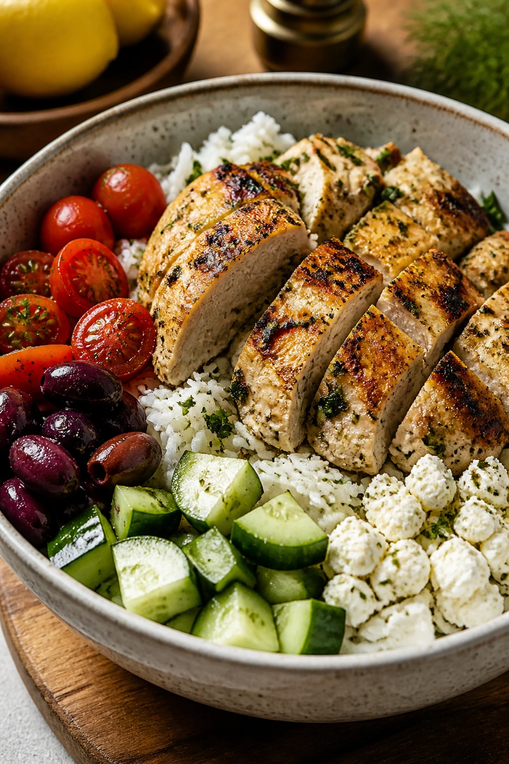 Close-up Greek chicken rice bowl with cucumber, feta, olives, and tomatoes.