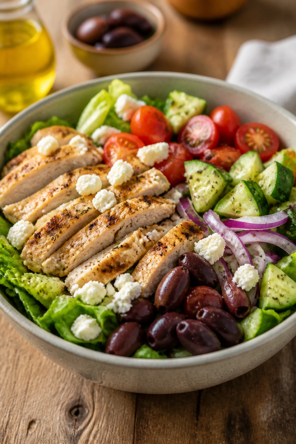 Close-up of Greek chicken salad bowls featuring romaine, cucumber, tomatoes, feta, olives and chicken
