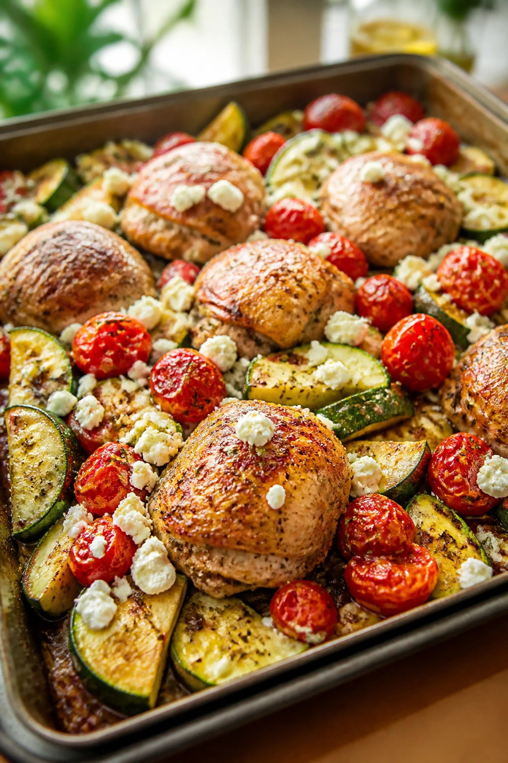 Greek chicken with tomatoes, zucchini and feta on a sheet pan