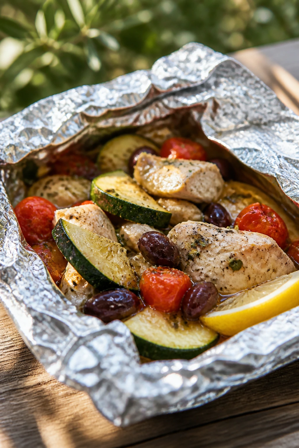 Greek-inspired chicken packet with zucchini and olives in outdoor setting.