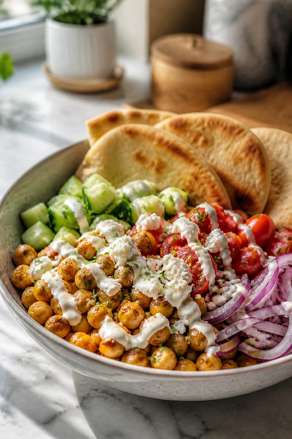 Close-up of Greek chickpea pita bowls with veggies and feta in a bright kitchen