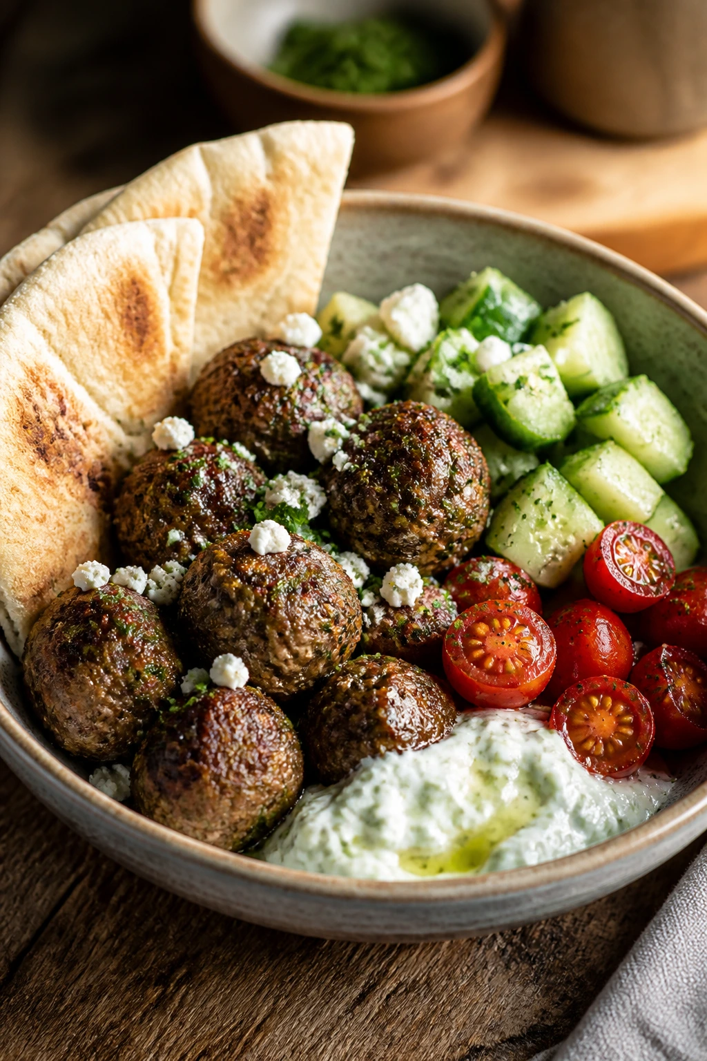 Close-up of a Greek Meatball Pita Bowls dish with meatballs, cucumber, feta, and tzatziki in a rustic kitchen.
