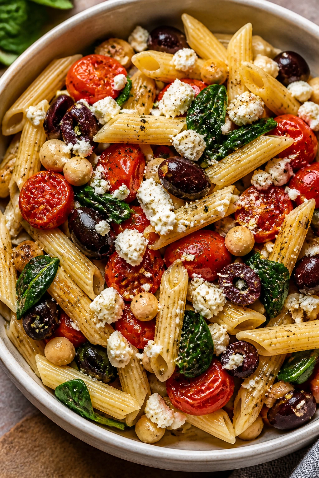 Close-up of Greek feta olive pasta with olives, feta, chickpeas, and tomatoes in a bowl on a warm kitchen counter