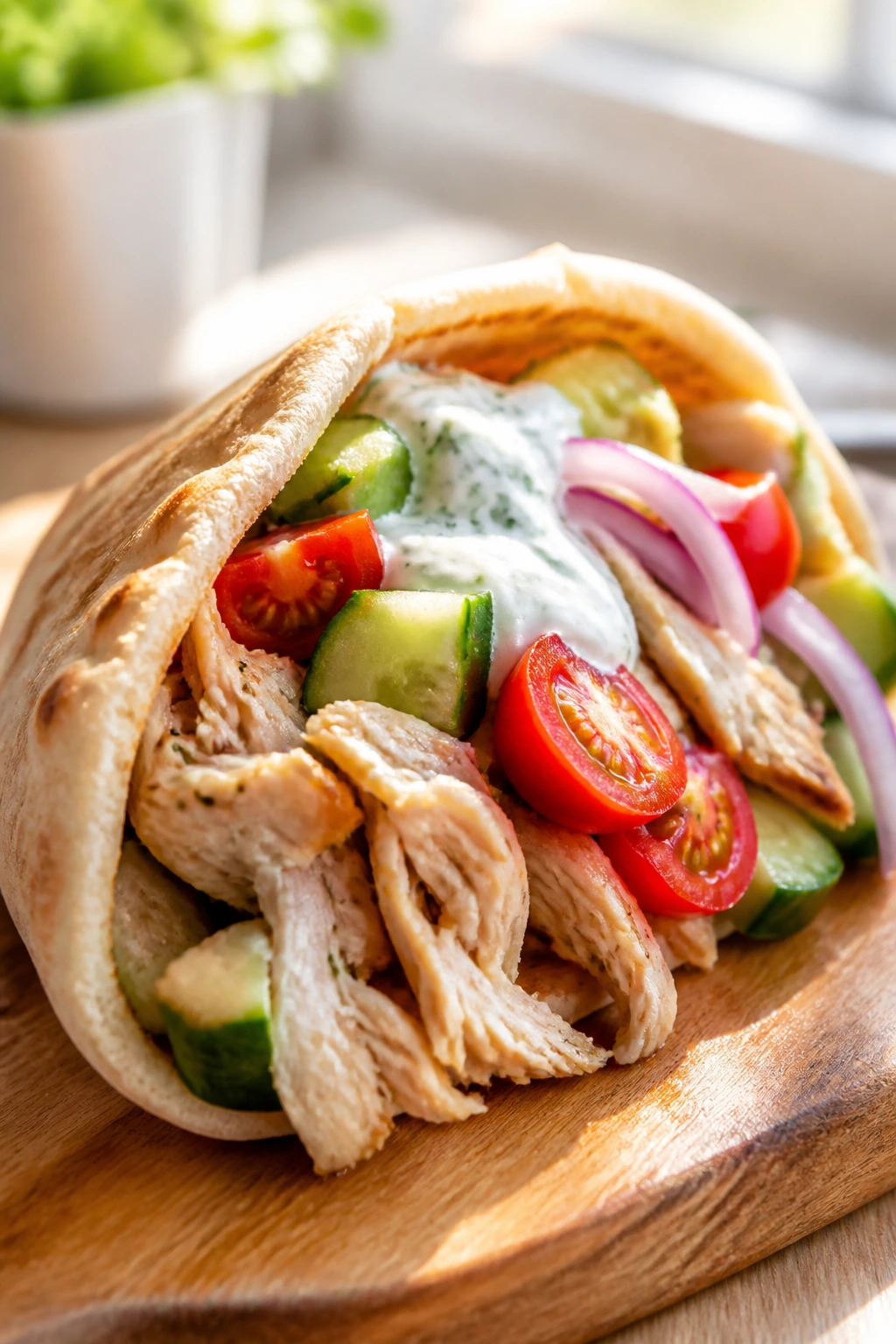 Close-up of Greek chicken pita pockets with cucumber and yogurt sauce on a cutting board