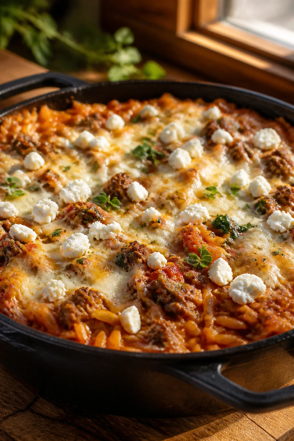 Close-up of bubbling Greek-style beef and orzo bake with feta and mozzarella in a cast-iron pan