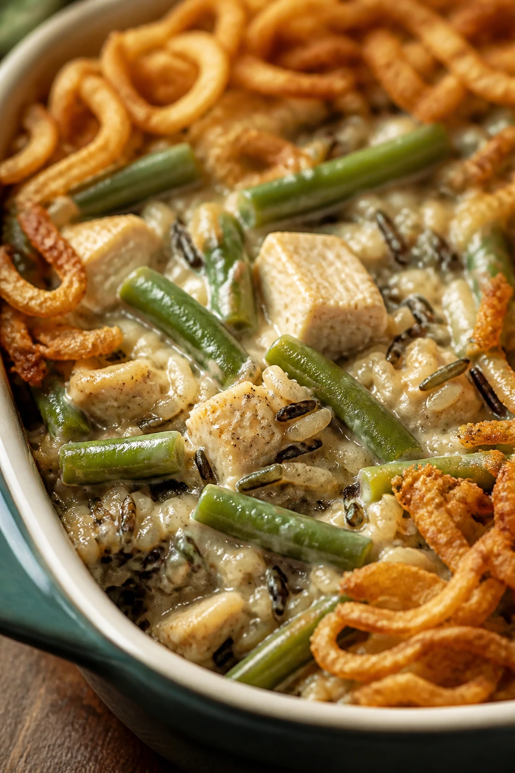 Creamy green bean chicken and wild rice casserole in a bake dish with fried onions