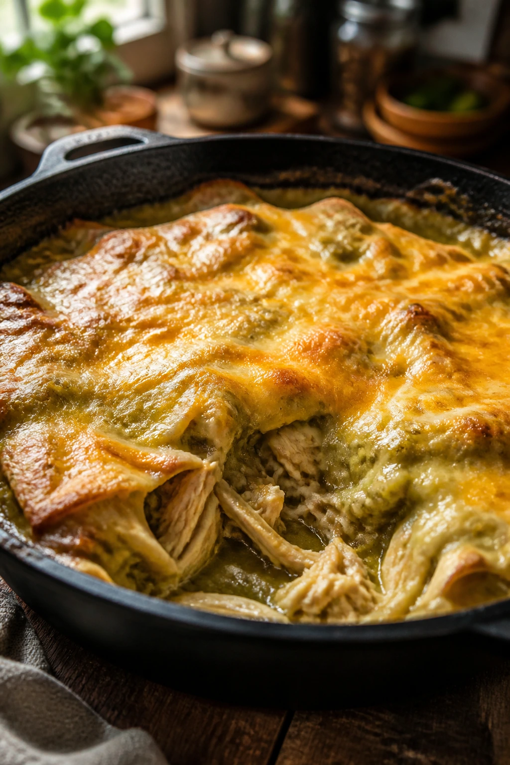 Close-up of bubbling green chile chicken enchilada casserole in a cast-iron dish on a wooden counter