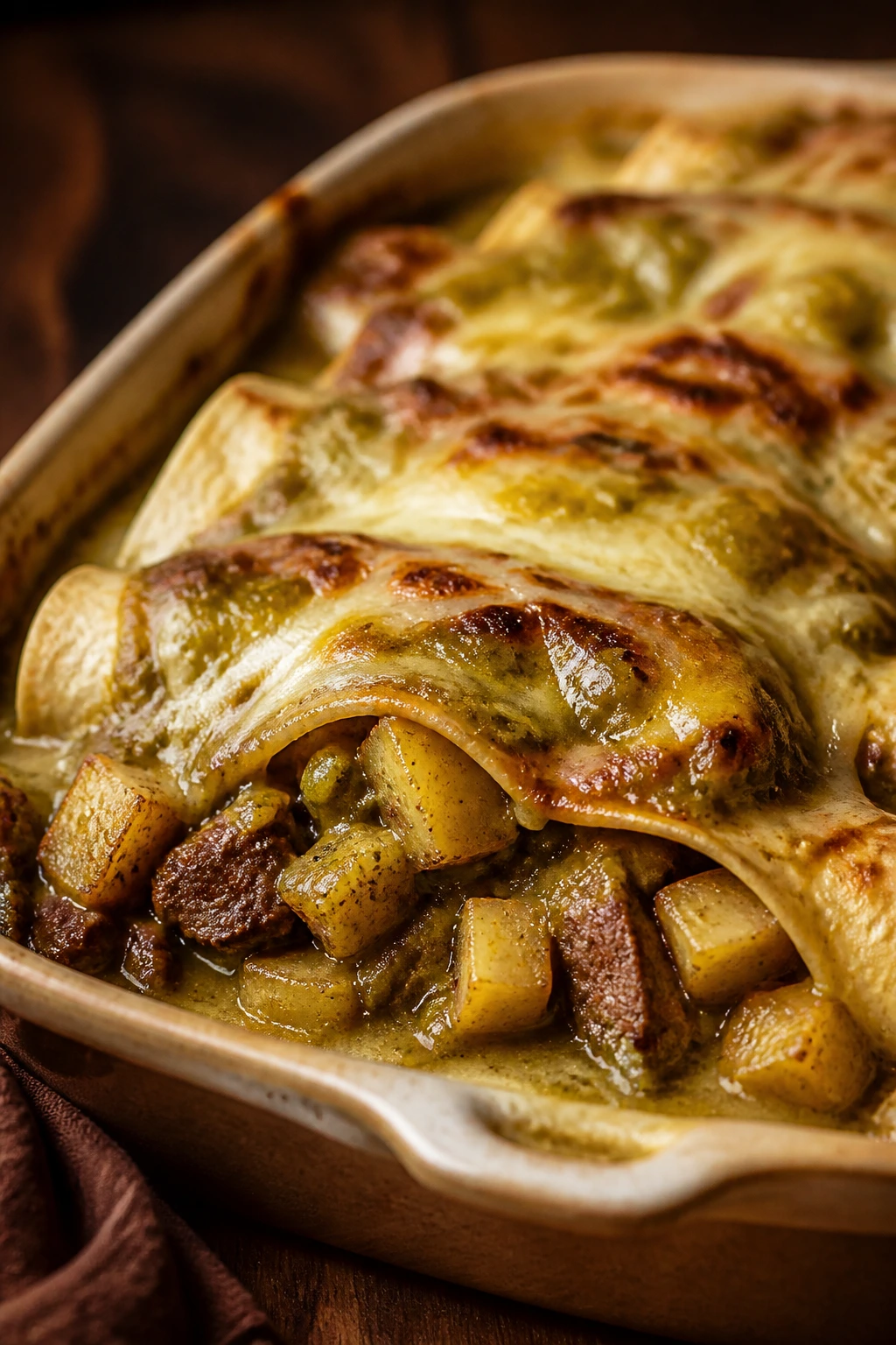 Close-up of Green Chile Steak and Potato Enchiladas with potatoes and steak in verde sauce
