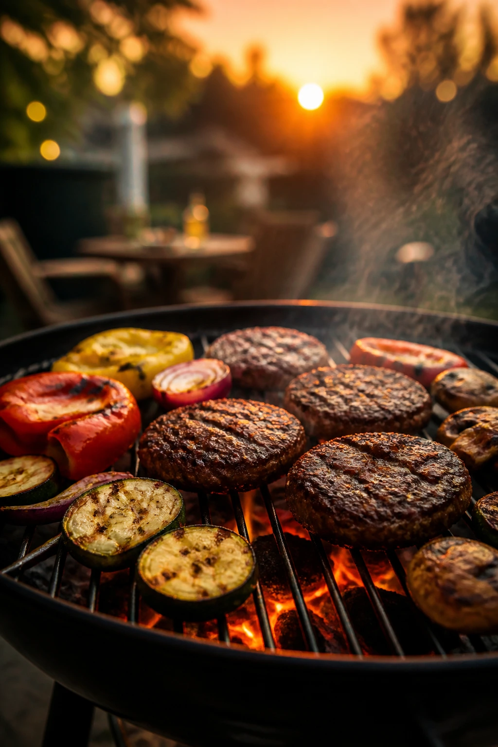Close-up of a backyard grill with burgers and vegetables cooking on the grate during golden hour