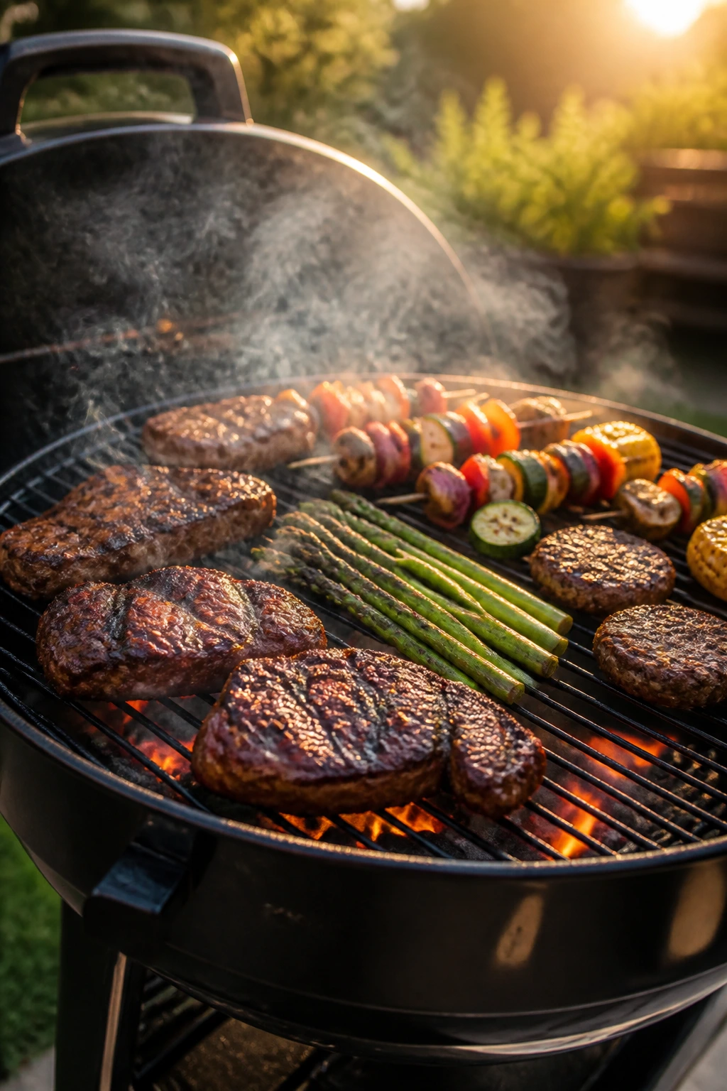 Close-up of backyard grill with embers and smoke