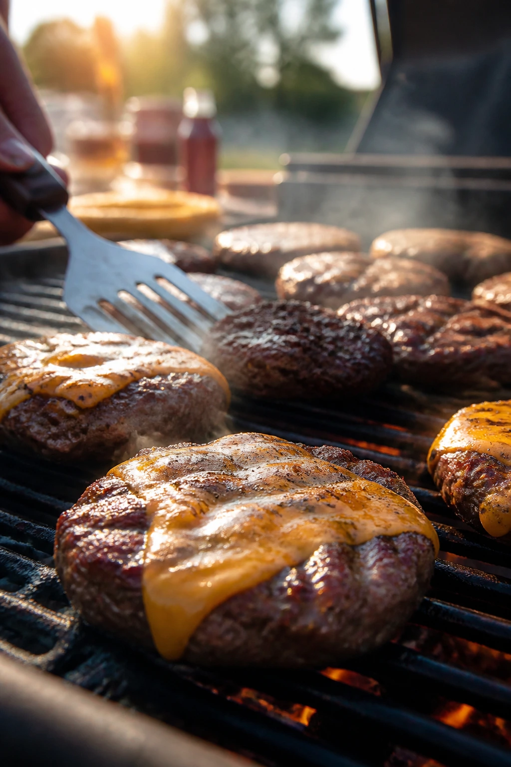 Close-up of burgers cooking on a backyard grill, representing a crowd-friendly cookout collection