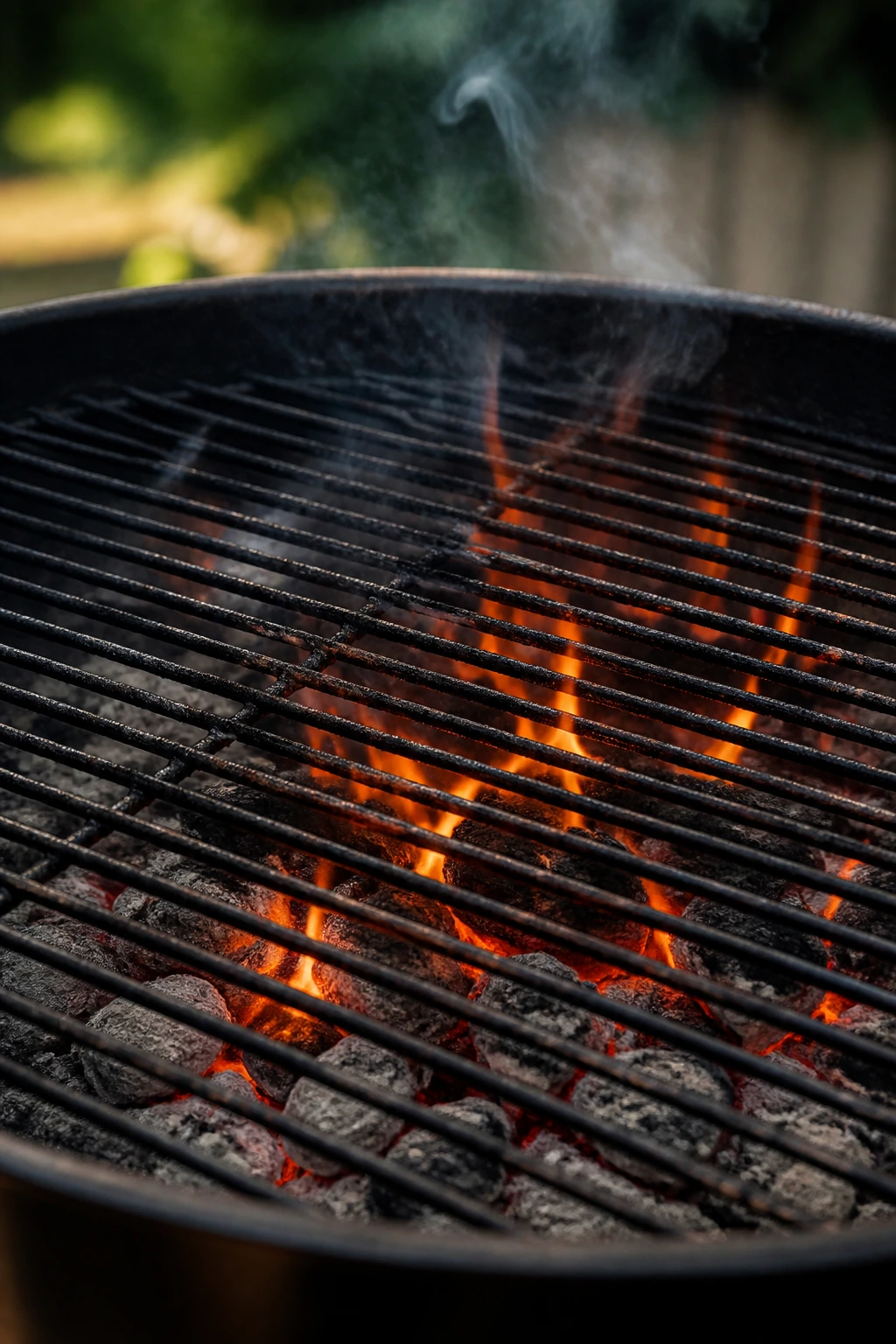 Close-up of grill grate with flames and smoke in backyard