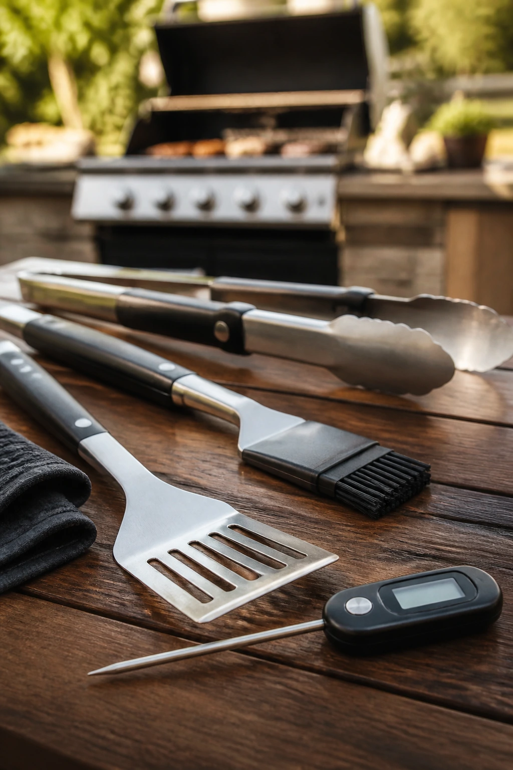Close-up of grill gear including tongs, thermometer, brush, and spatula