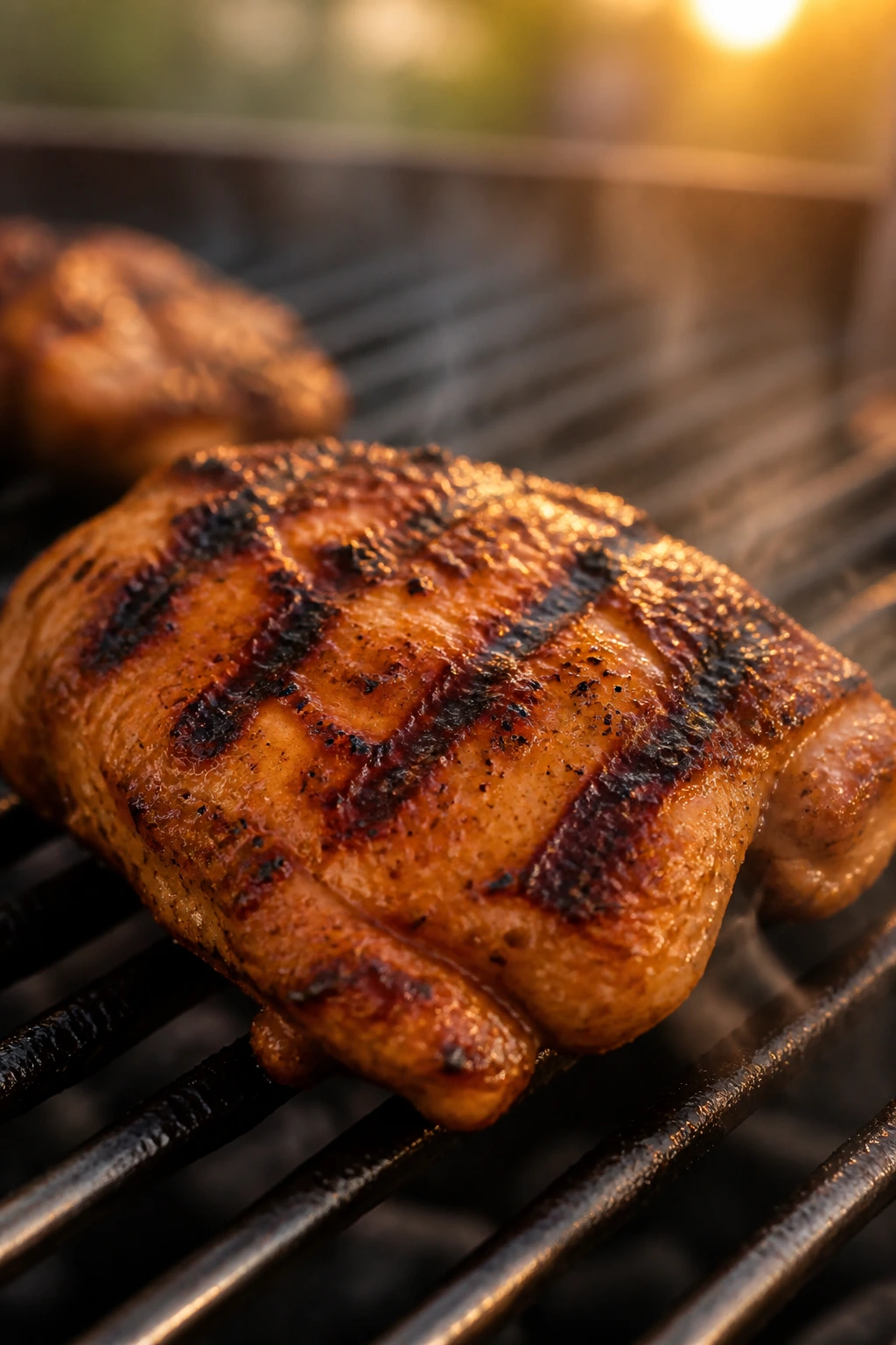 Close-up of a perfectly grilled chicken thigh with distinct grill marks on an outdoor grill at golden hour