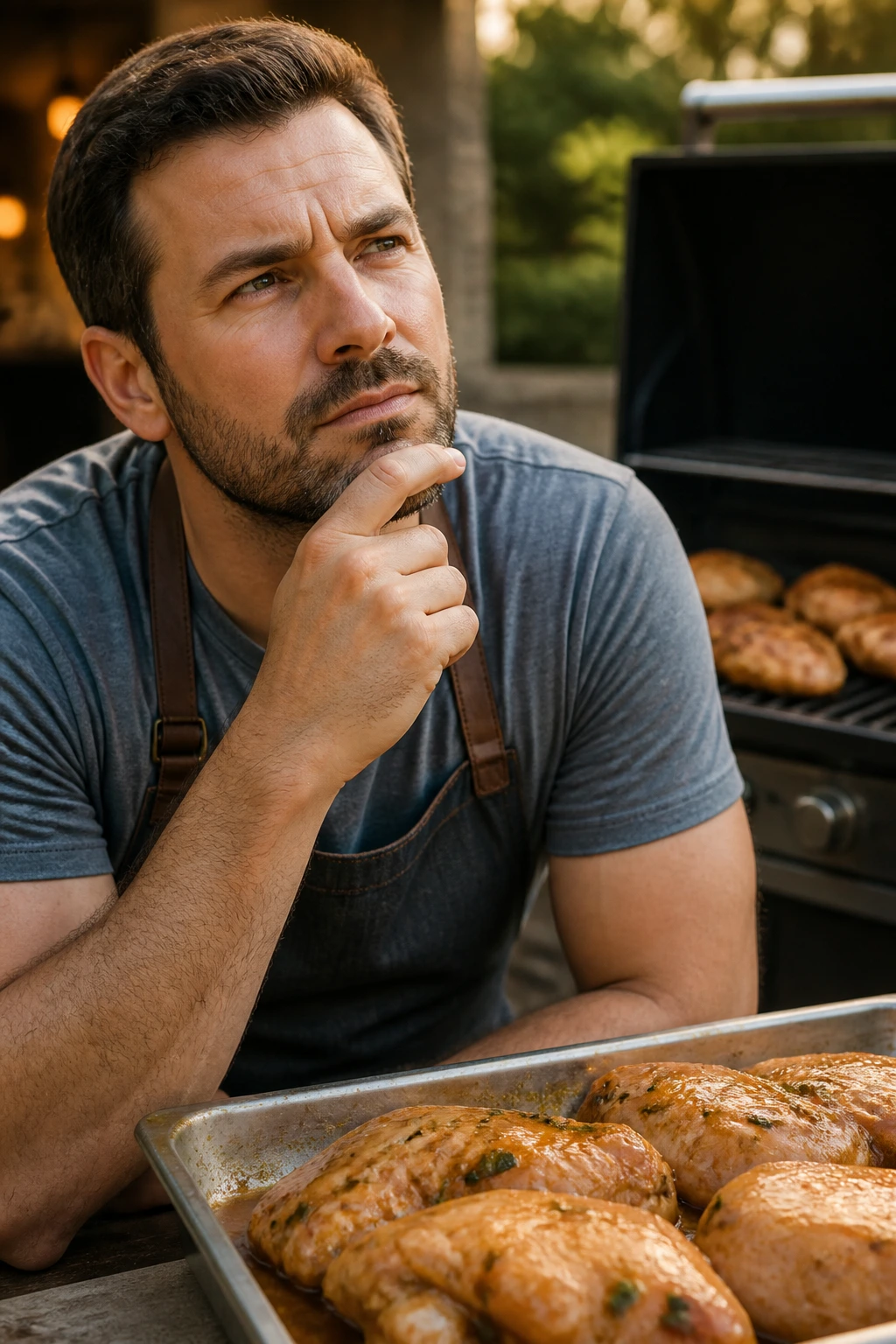 Portrait of a real person thinking about grilled marinated chicken with grill in the background