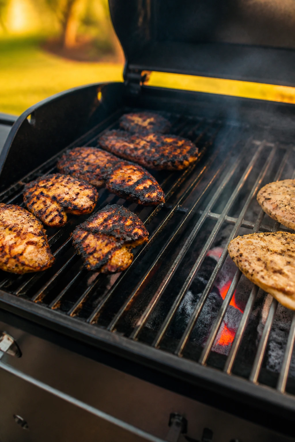 Grill grate showing uneven heating and burnt edges outdoors.