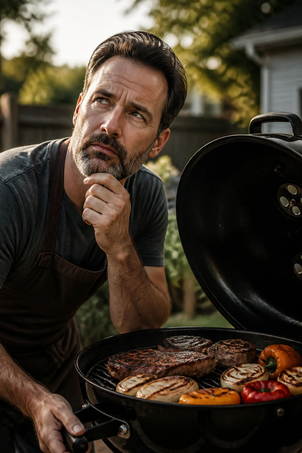 Close-up portrait of a thoughtful grill master by a backyard grill