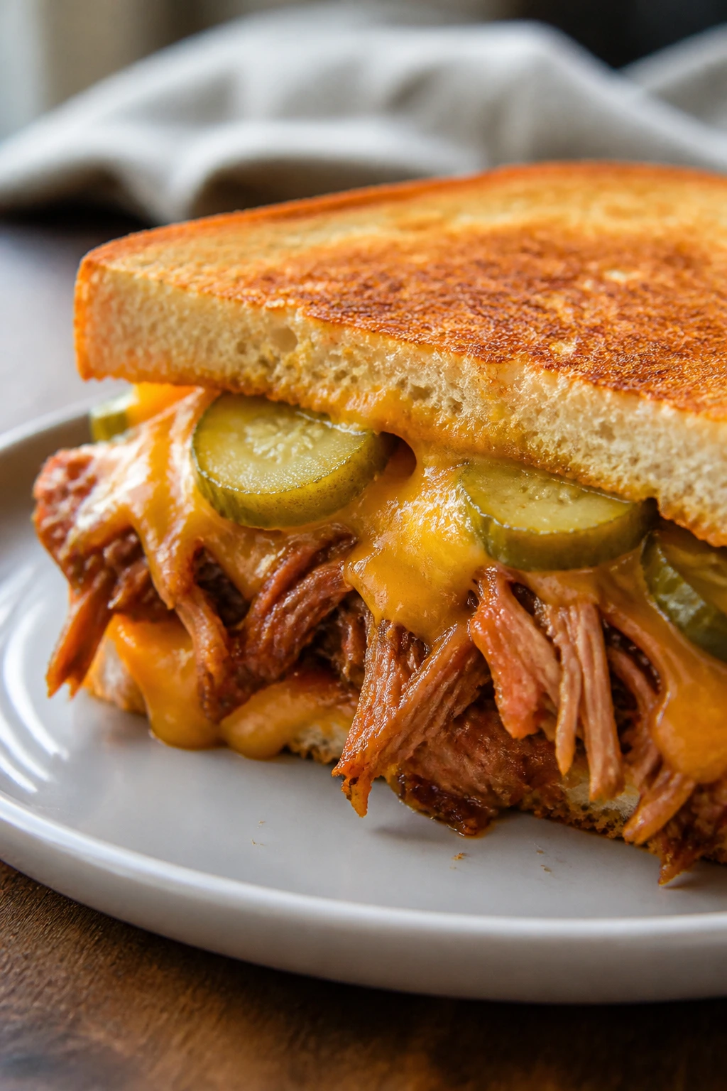 Grilled cheese sandwich with pulled pork and pickles on a plate