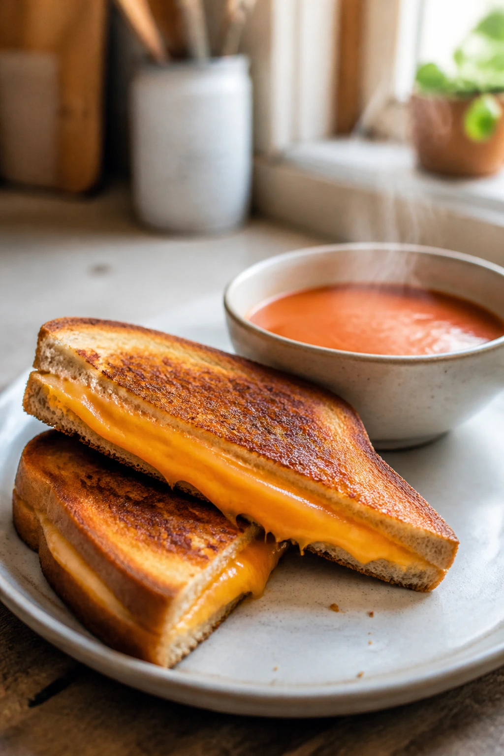 Grilled cheese sandwich with a bowl of tomato soup, steam rising in a cozy kitchen