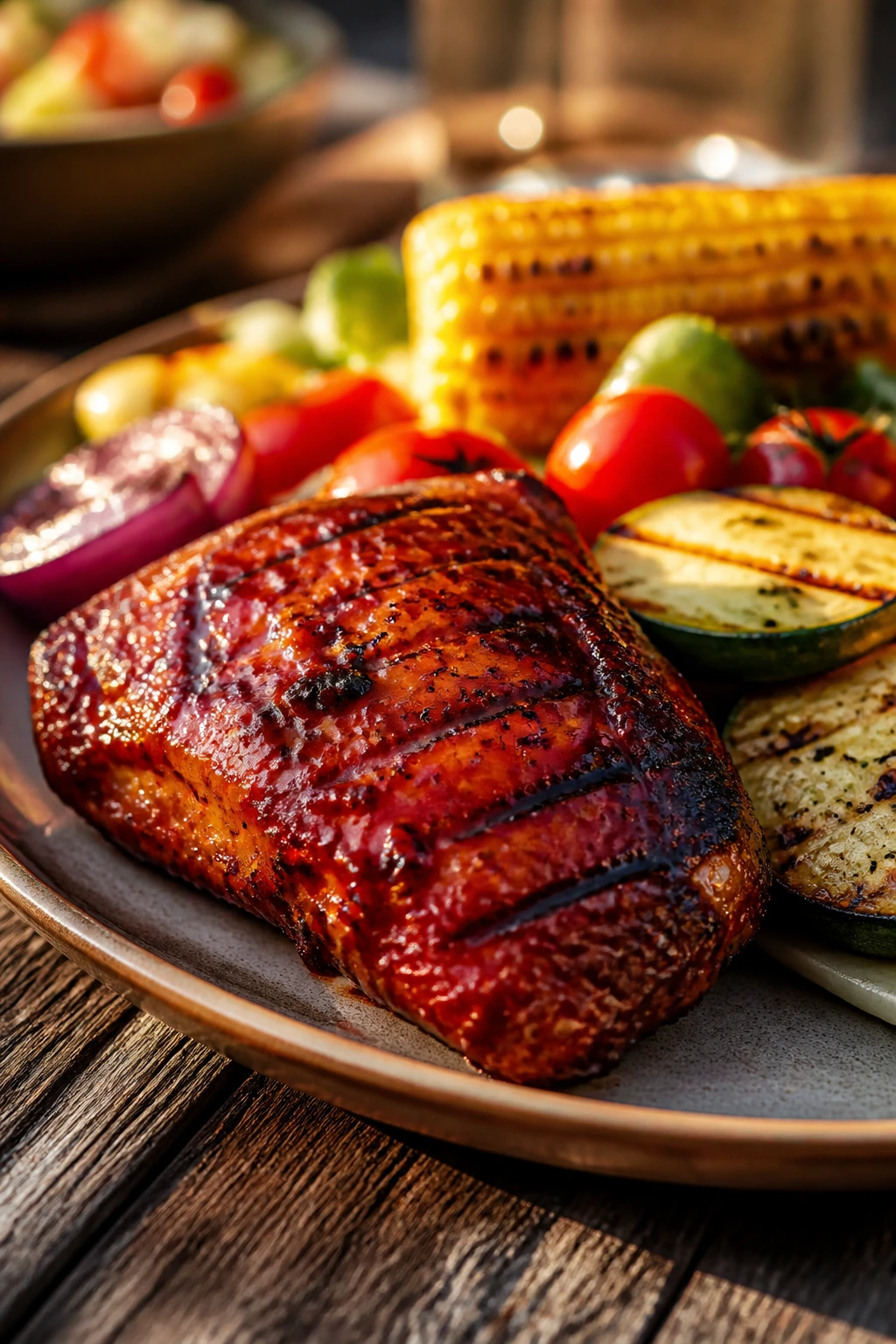 Close-up of a glossy grilled dinner plate on a rustic outdoor table