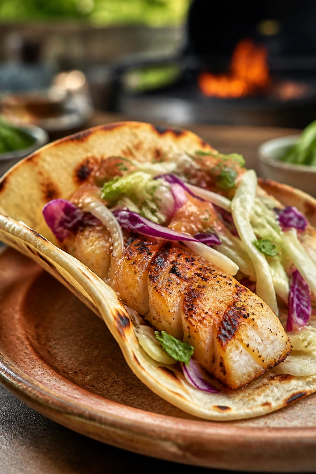 Grilled fish taco with slaw on rustic plate outdoors