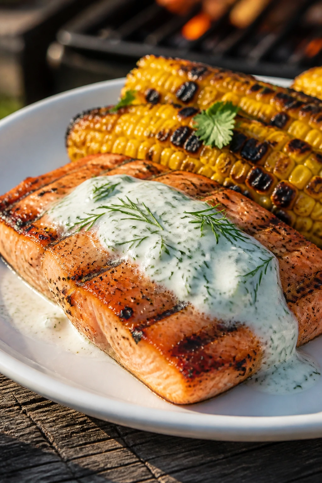 Grilled salmon with dill yogurt sauce and charred corn on plate