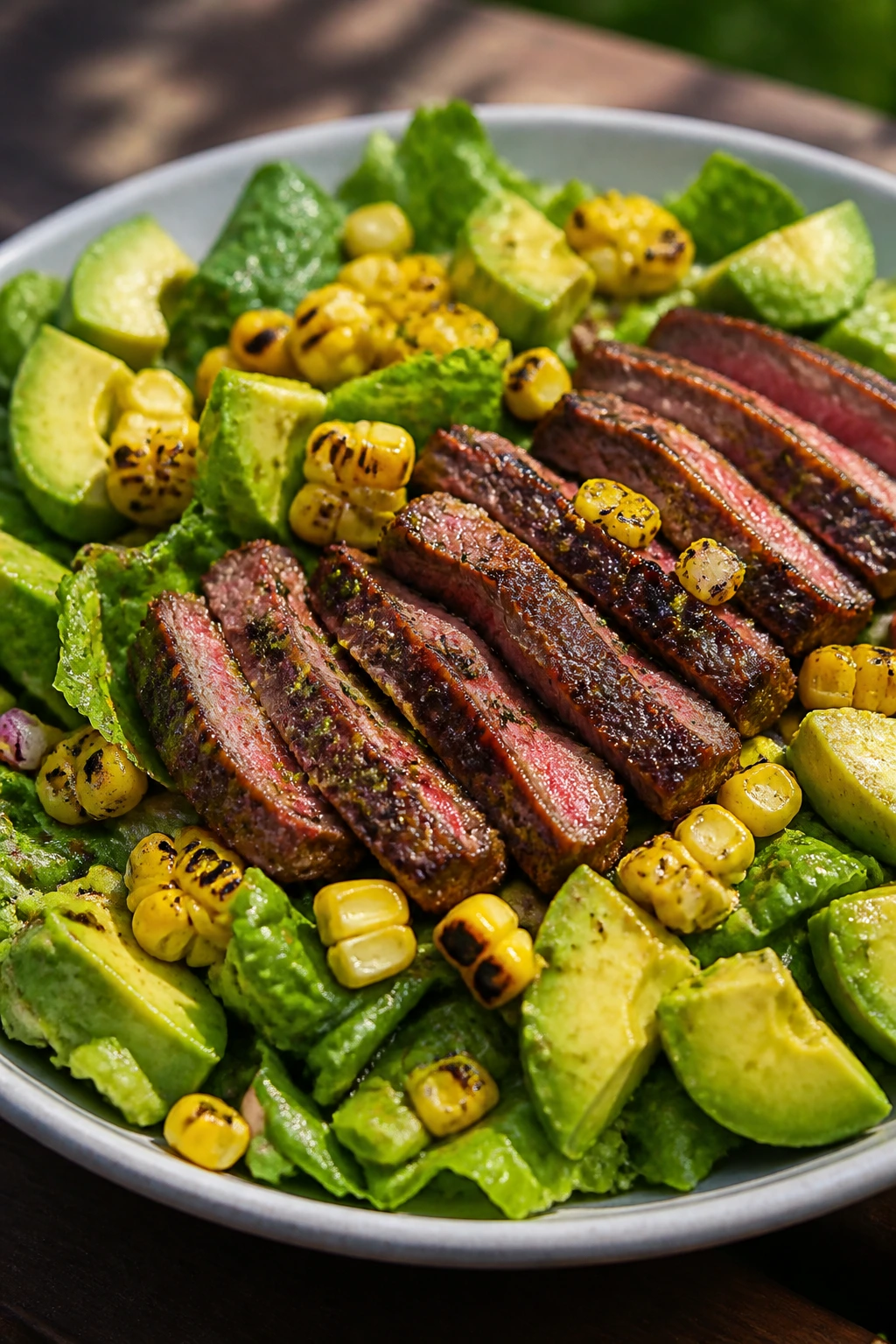 Close-up of grilled steak salad with corn and avocado on a plate