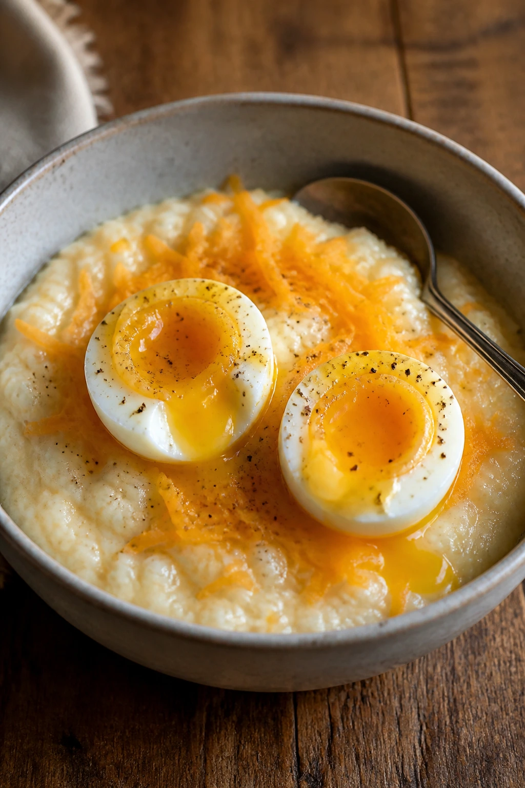 Creamy grits bowl topped with jammy eggs and cheddar