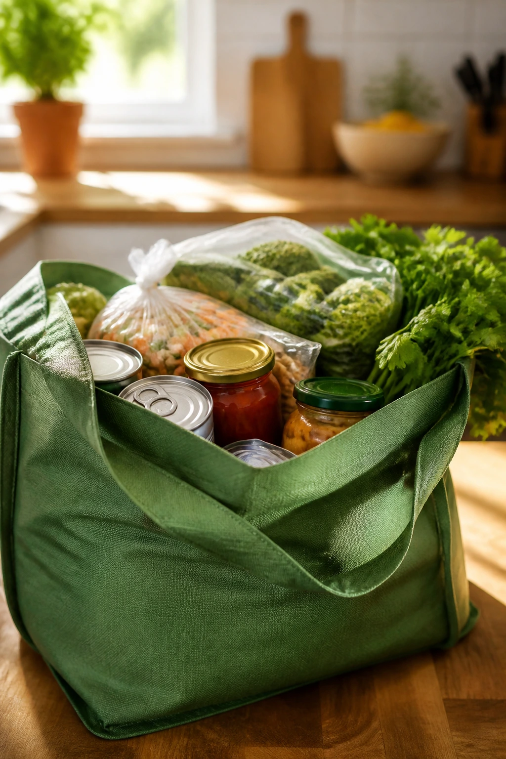 Grocery bag with canned goods and jars on a kitchen counter