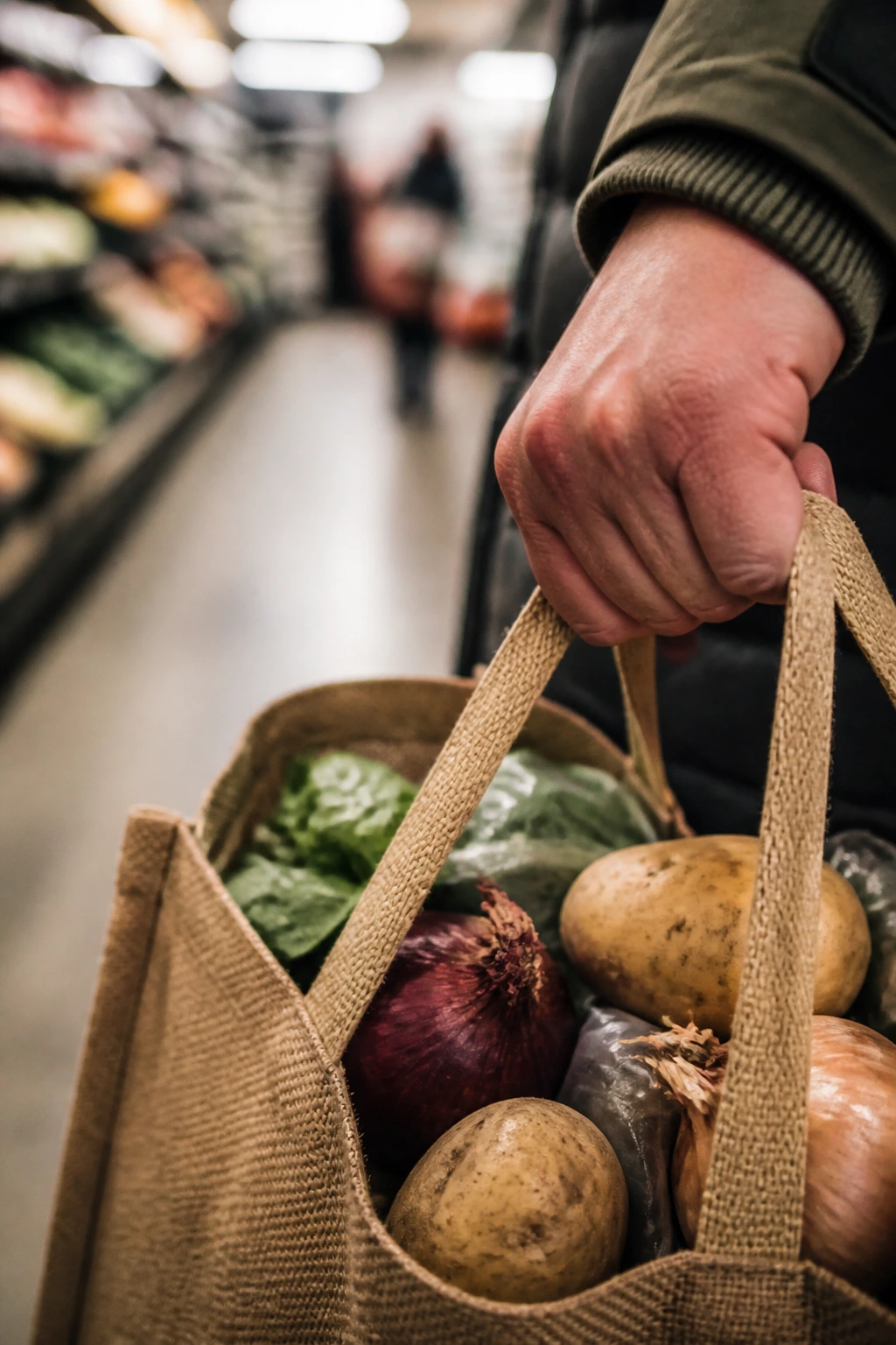 Hand holding a bag of groceries in a store aisle