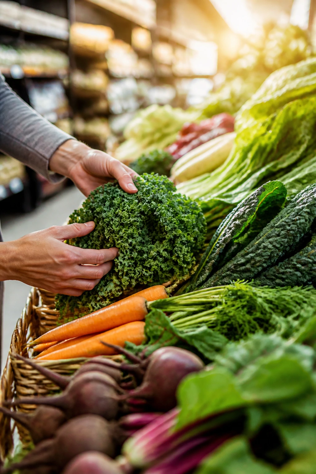 Hands selecting fresh vegetables in a market