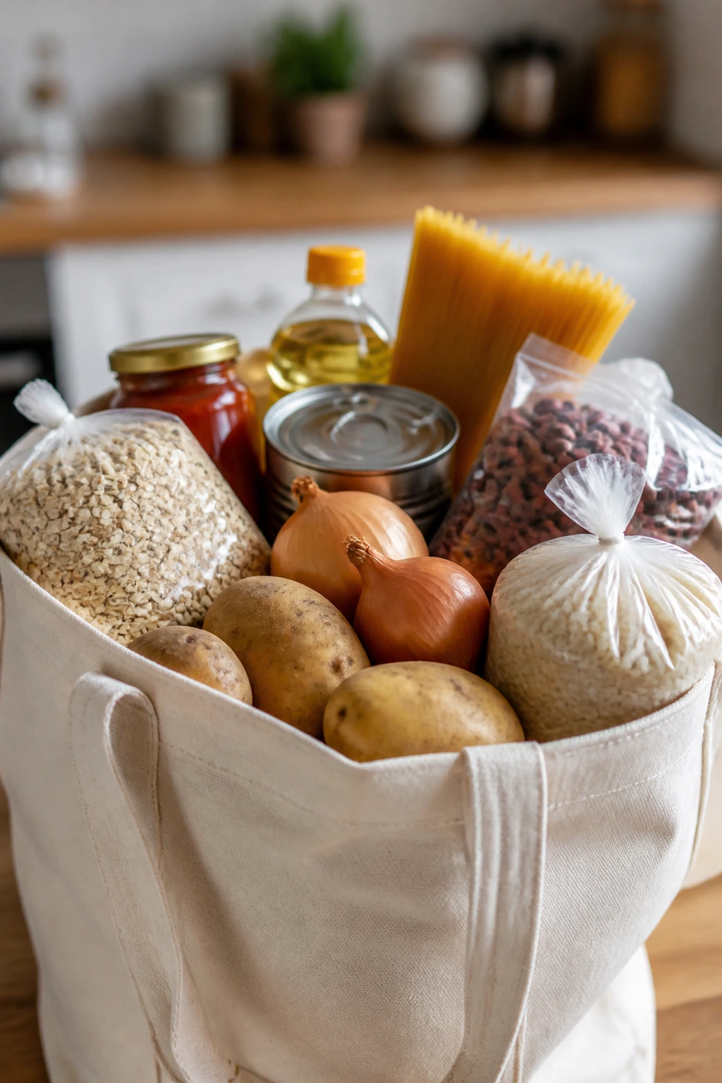 Grocery bag filled with pantry staples on a kitchen counter