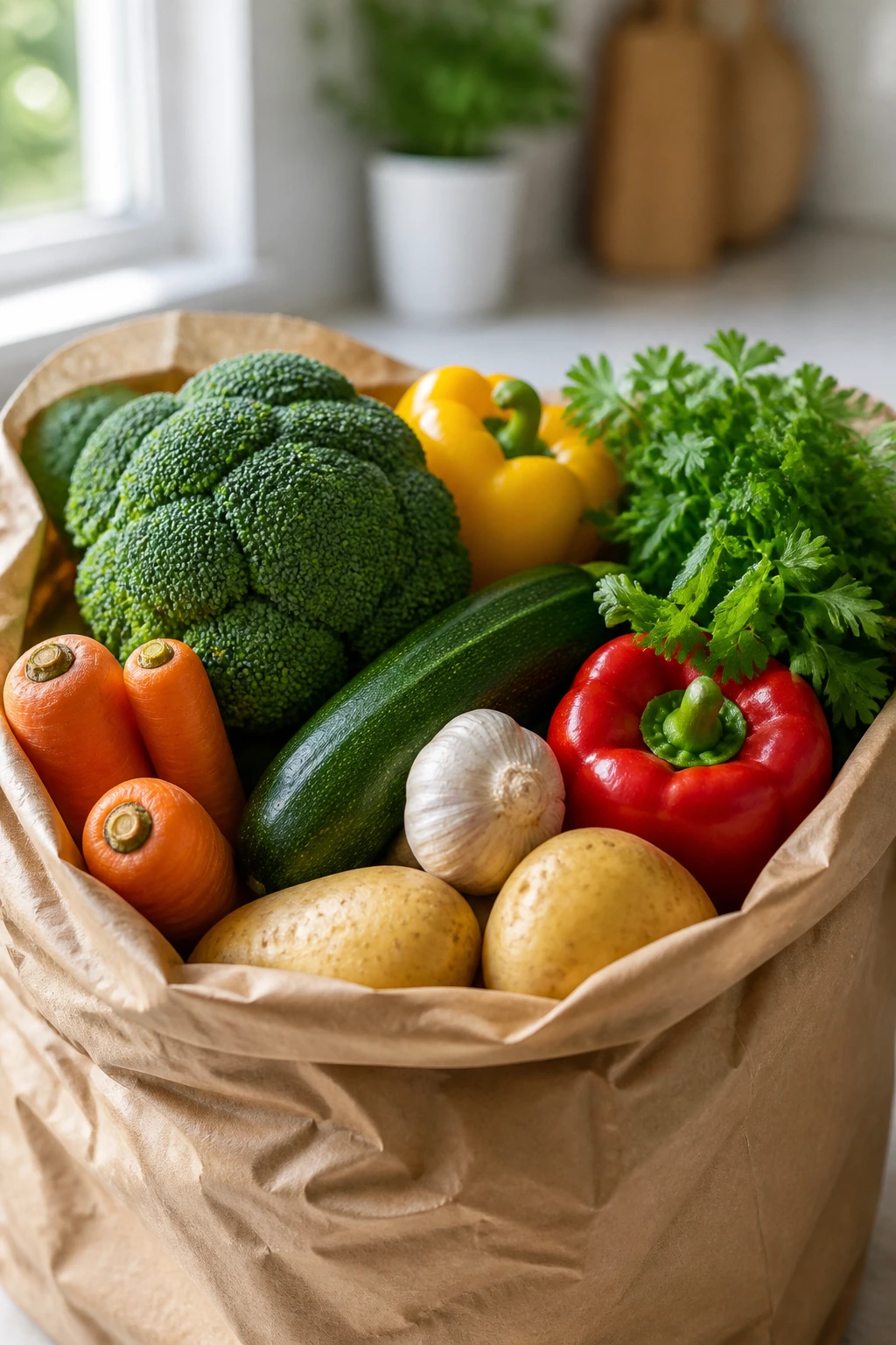 Paper grocery bag with fresh vegetables on a kitchen counter