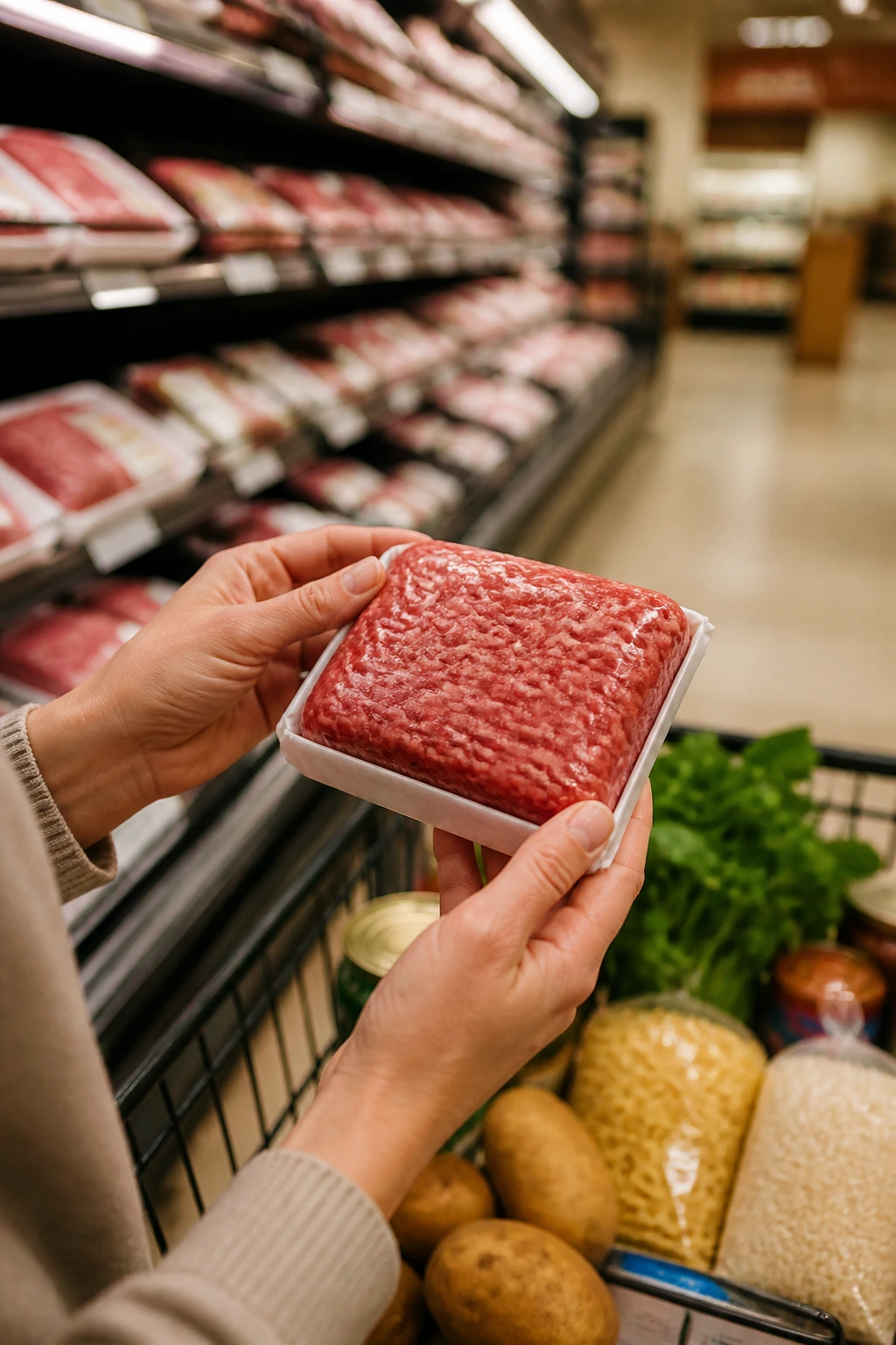 Shopper's hands selecting a plain-wrapped ground beef package in a grocery aisle.