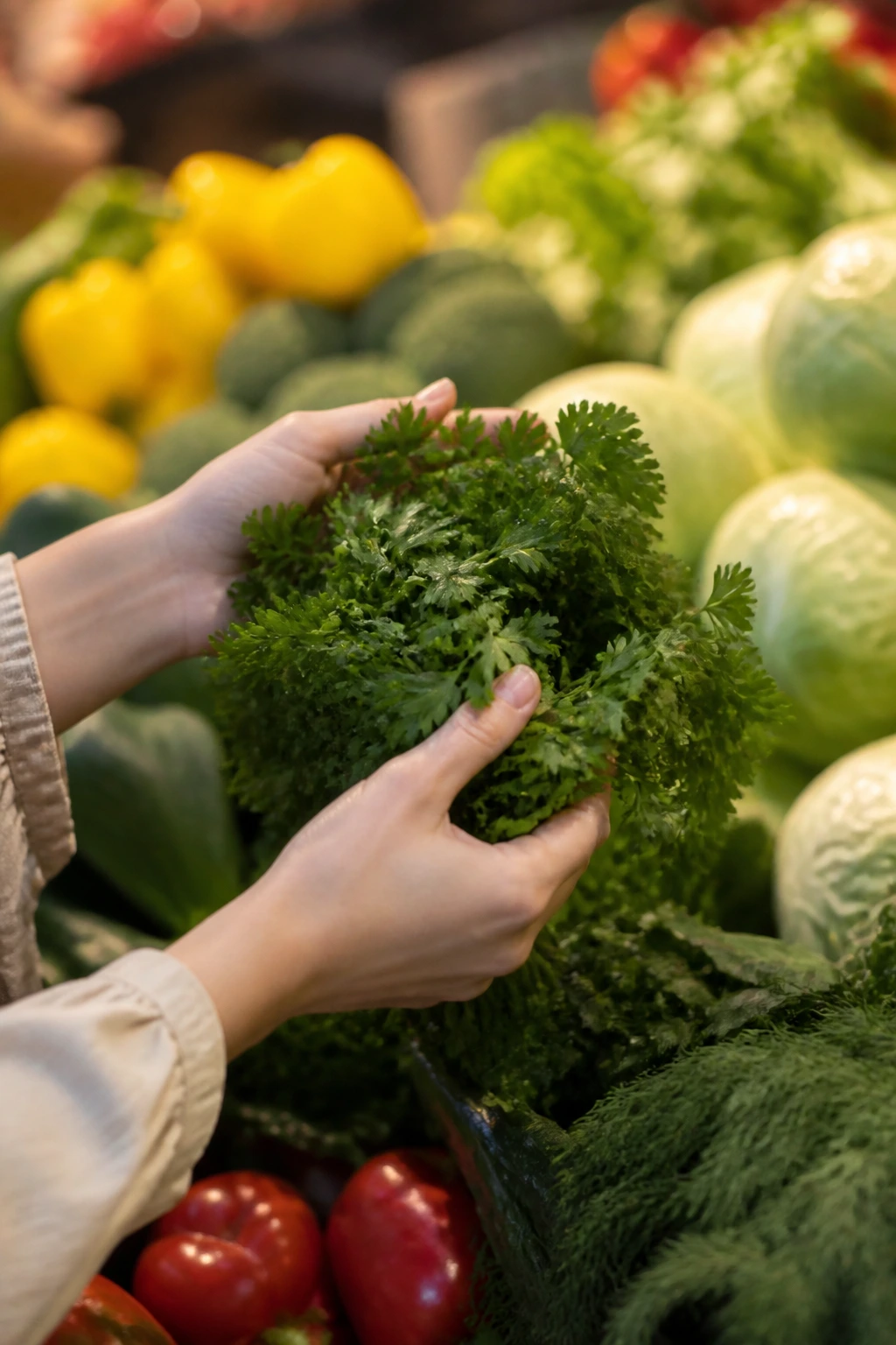 Hands selecting fresh herbs at a market stall