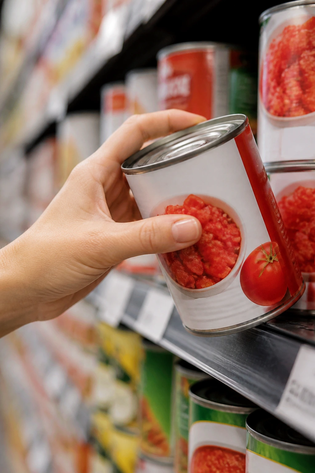 Hand selecting canned tomatoes at grocery store shelf