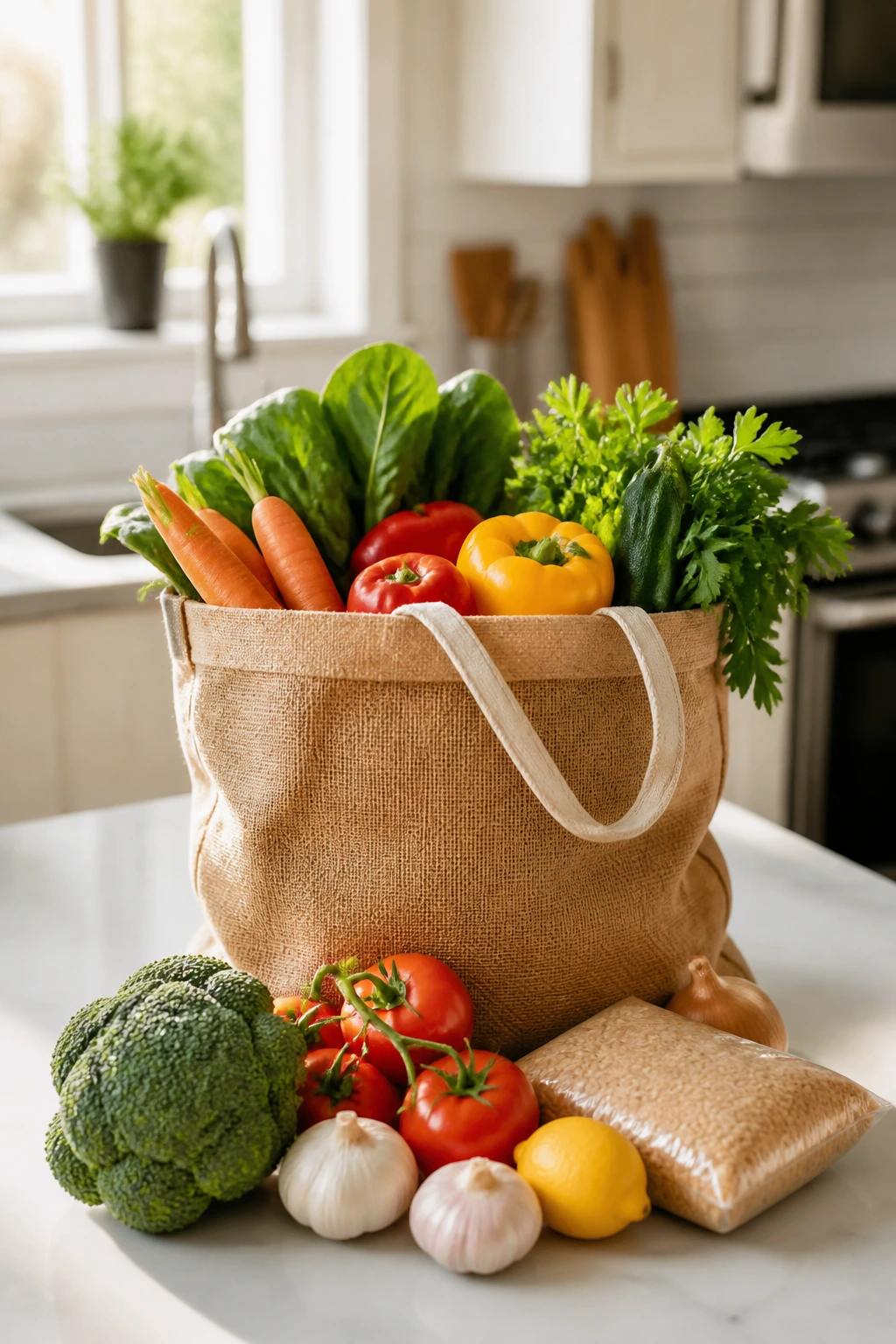 Grocery bag with fresh produce on a kitchen counter.