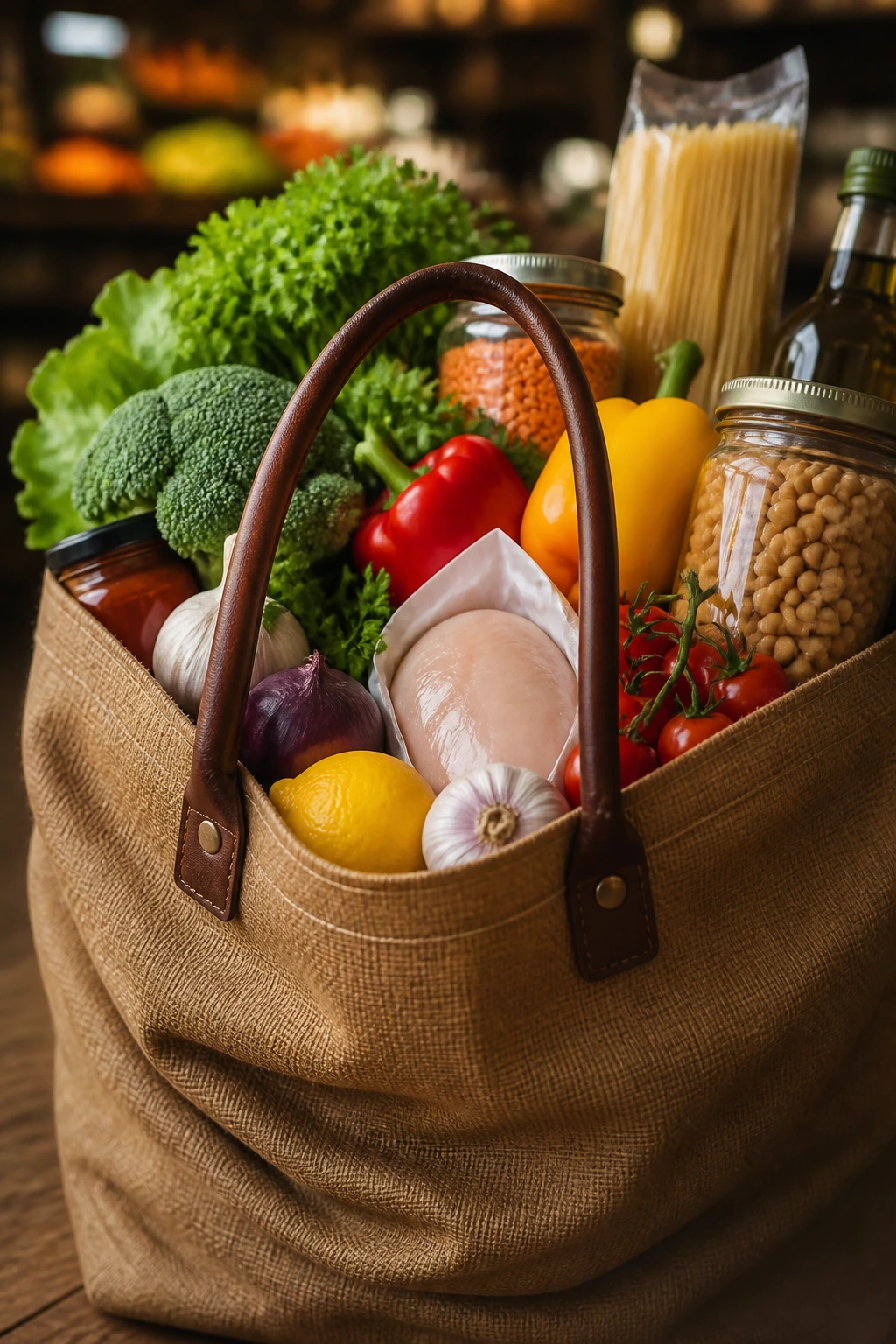 Grocery tote filled with produce and pantry staples in a market