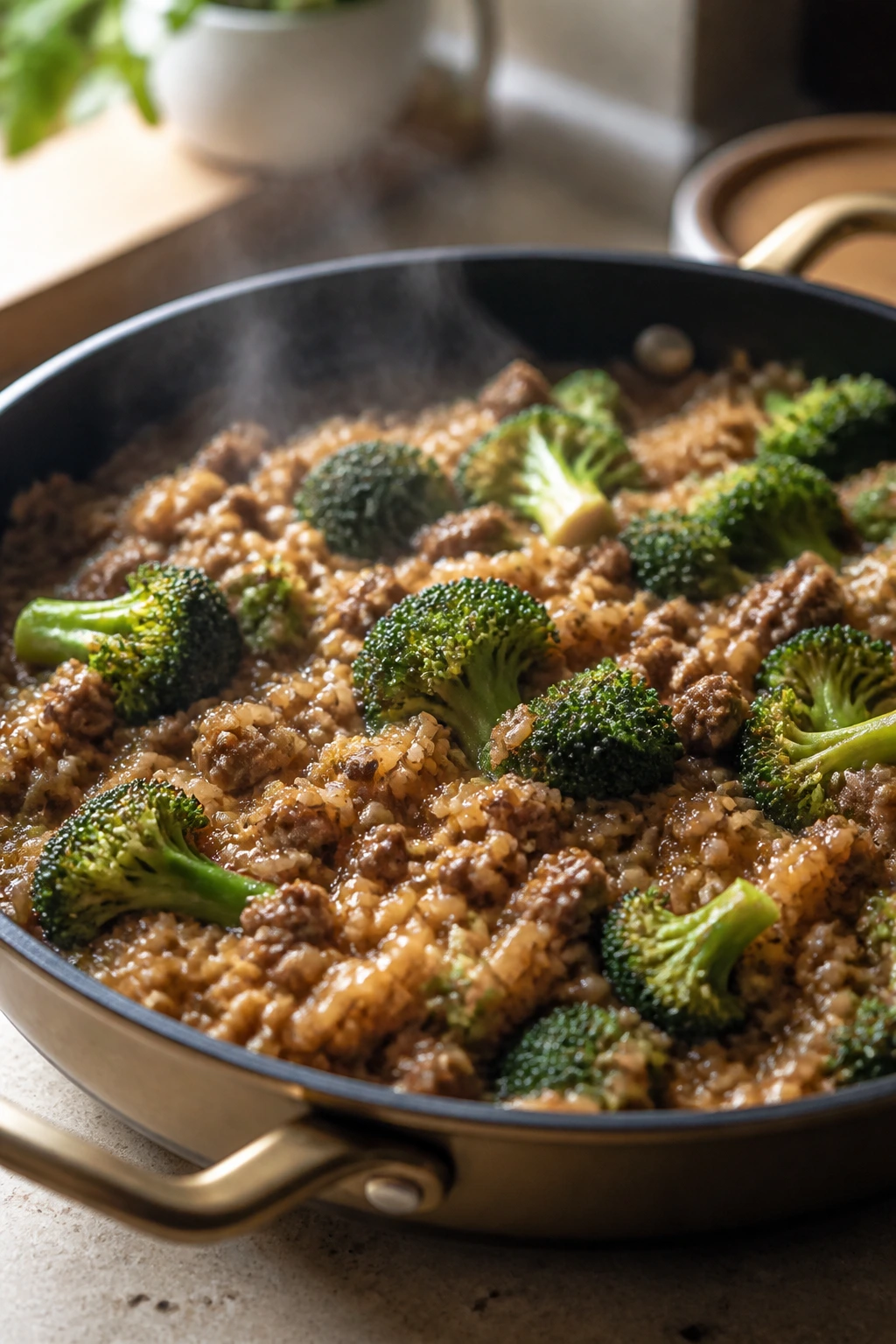 Beef with broccoli and rice in a skillet