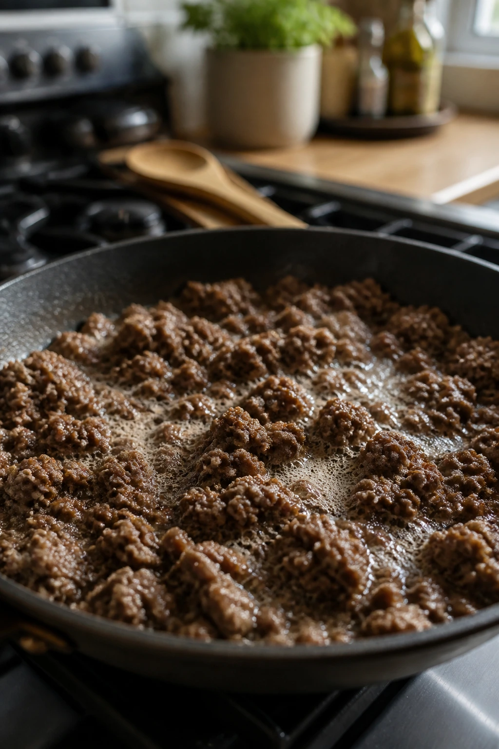 Close-up of browned ground beef browning in a pan