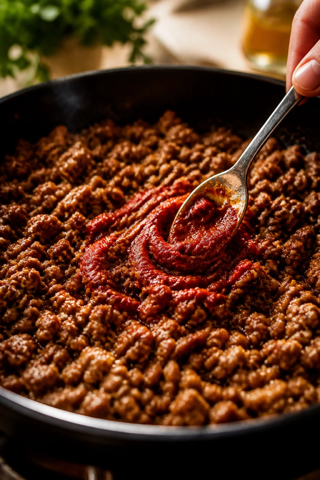 Close-up of browned beef with tomato paste in a skillet, warm kitchen lighting