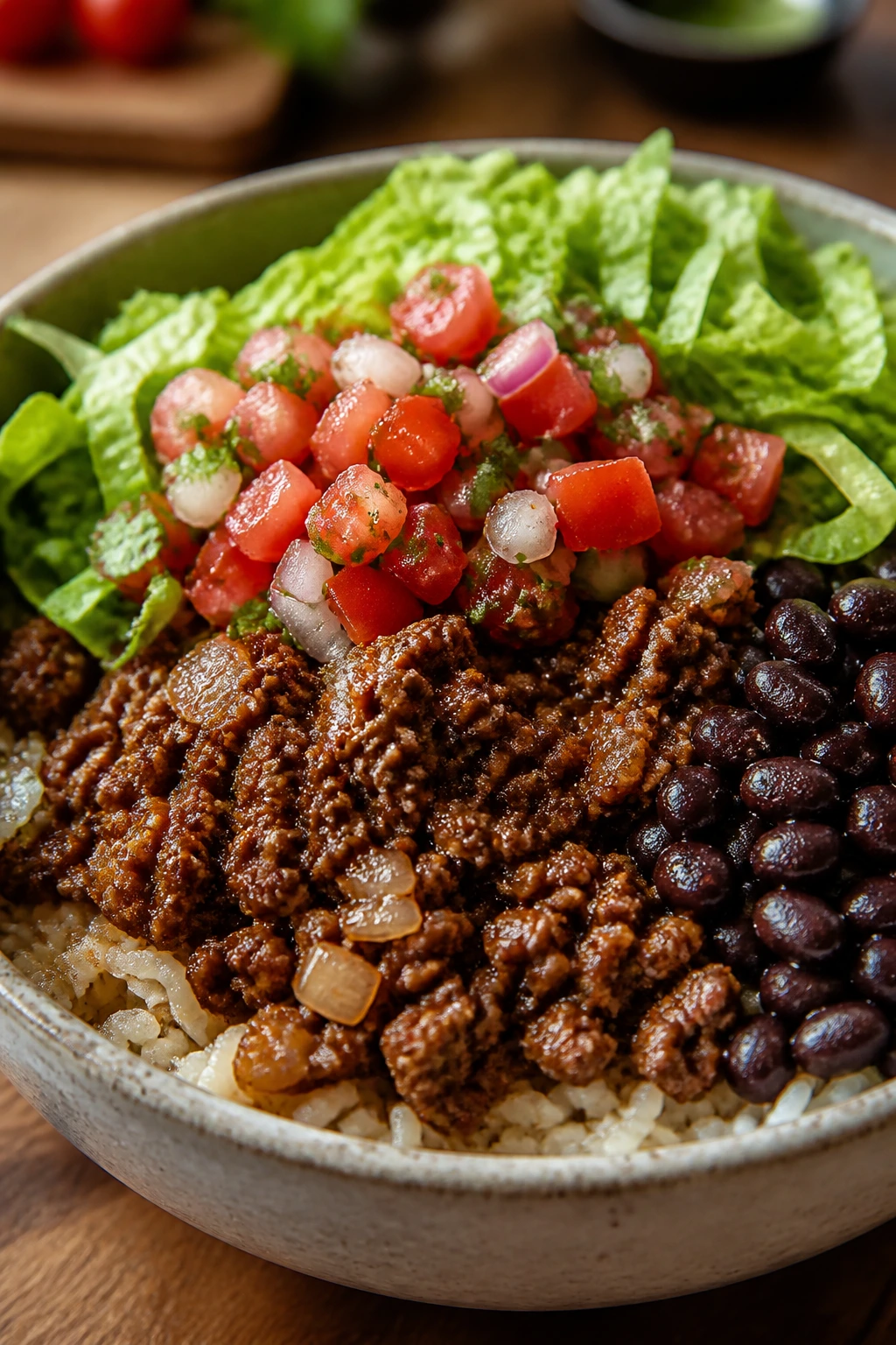 Beef burrito bowl with lettuce and pico de gallo