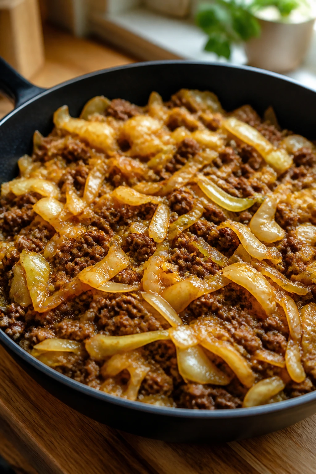Close-up of beef and cabbage skillet with browned beef