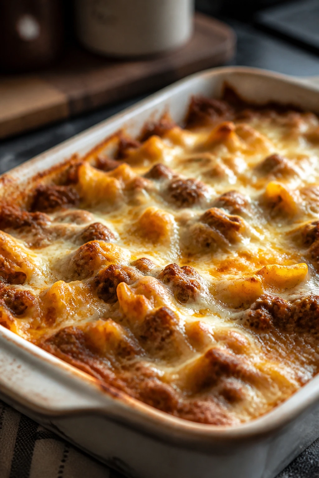 Close-up of a cheesy ground beef casserole in a baking dish